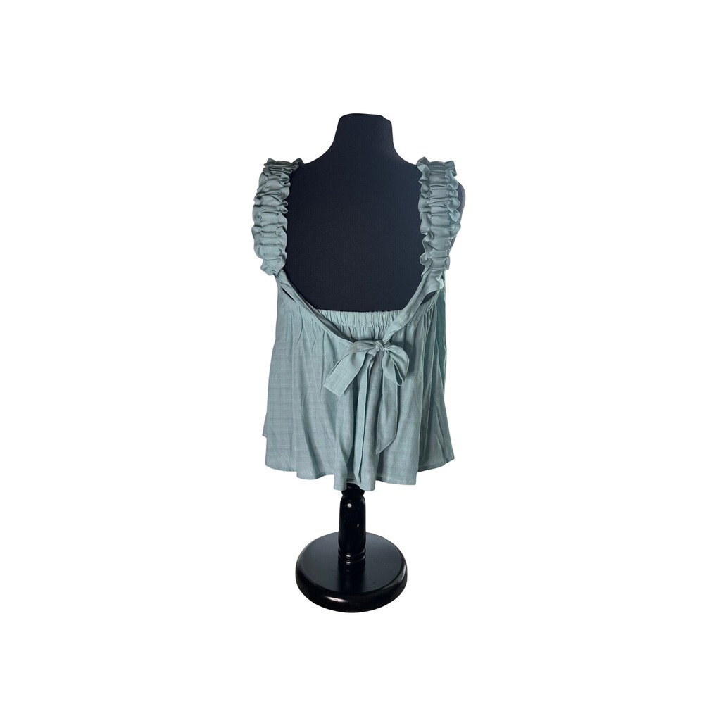 Light Blue Ruffle Strap Tie Back Textured Tank Top Square Neck Sleeveless Blouse - Picture 2 of 2